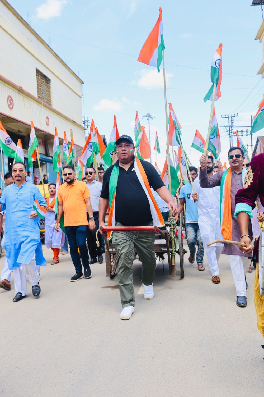 Benjamin Yepthomi and others at Hand Cart Tiranga Yatra in Dimapur on August 15.