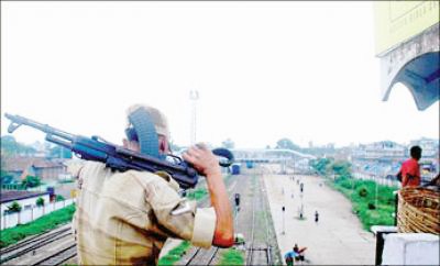 This undated File photo shows a trooper of the Indian Reserve (Nagaland Police) force on sentry duty at Dimapur Railway Station in Dimapur, Nagaland.
