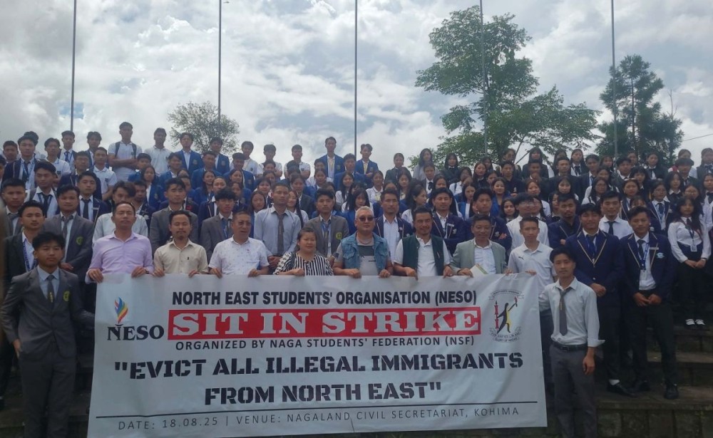 NESO and NSF officials, with students, during the ‘Sit-in- strike’ in Kohima, on August 18. (Morung Photo)