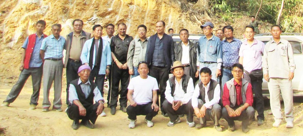 Minister for Roads & Bridges, Y. Vikheho Swu, Minister for School Education & SCERT, Yitachu, Parliamentary Secretary for Industries & Commerce, Amenba Yaden and others during inspection of the ongoing construction of Pokhungri-Avakhung–Layshi road on April 14. (Morung Photo)