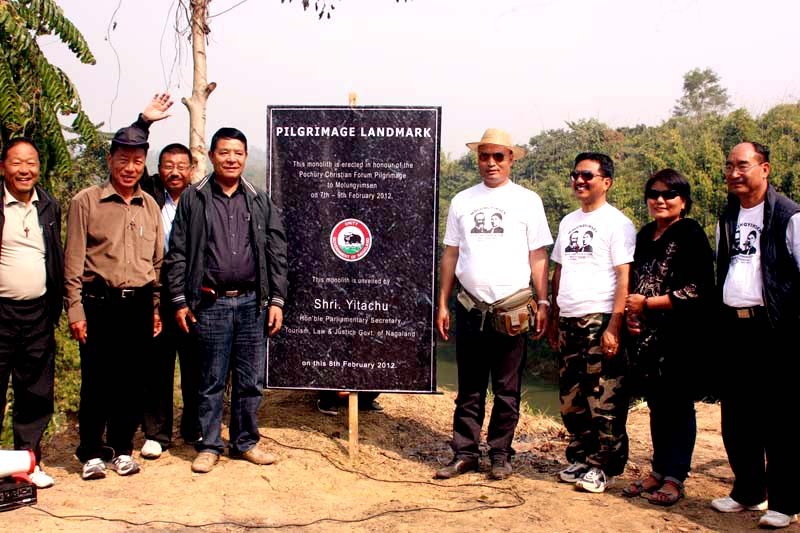 Parliamentary secretary Yitachu, MLA, L. Temjen, Executive secretary ABAM Rev. Dr. Mar Atsongchanger and Tourism officials seen after unveiling the monolith erected in Honor of Pochury Christian Forum. (Morung Photo)