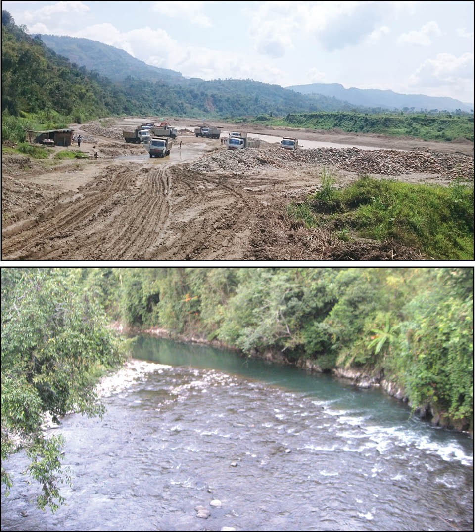 (TOP) In this photo taken on April 2, 2016 several trucks are seen laden with gravel, stones and boulders from riverbeds and riverbanks on Dikhu River in Naginomora which are extracted with heavy machinery. Unregulated and large-scale mining in recent times has raised concerns about environmental damages affecting both the river system as well as those people depending on it for livelihood. (BOTTOM) Taken in March 2016, a picturesque picture of the unrestricted and natural flow of Dikhu River between Noksen and Mokokchung, unblemished by mining or other commercial activities. (Photo courtesy Finger Print)