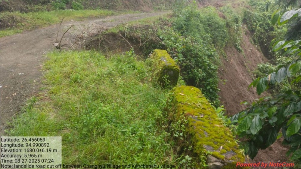 In this photo shared by the Konyak Union Mopong Unit, a section of the Public Works Department road between Kenchenshu and Changnyu villages is seen damaged after a landslide on August 24. As per the Union, the landslide has cut off the sole motorable lifeline to Yonghong, Changnyu, Yaphang, and Yei villages. (Photo Courtesy: KU Mopong Unit)