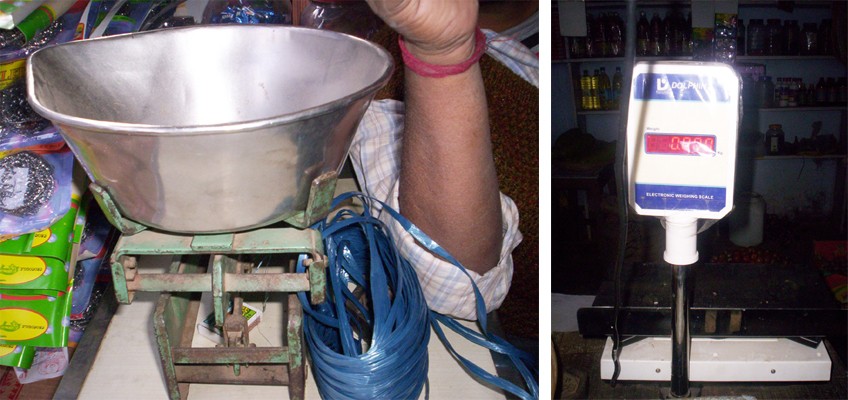 Old IS STONED: A traditional weighing scale sits on the counter of a shop in Dimapur. (Right) An electronic weighing machine, a model shopkeepers are directed by the DMC to use. (MExPix)
