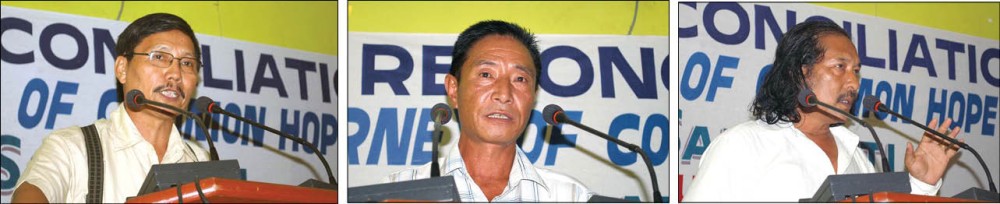 (From left to right) V S Atem retd. gen. of the NSCN (IM) and emissary to the collective leaders, Zalu Sapu, kilonser of the FGN and C Singson, senior kilonser of the NSCN/GPRN speaking in turns during the Naga reconciliation meet with the Naga civil society groups and the Naga ‘political’ groups at Dimapur on Wednesday, August 26. (Photo/Caisii Mao)