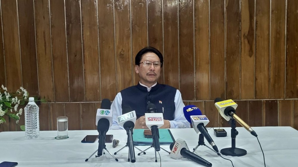 Government Spokesperson and Minister for Power, KG Kenye addresses the media in Kohima on August 6. (Morung Photo)