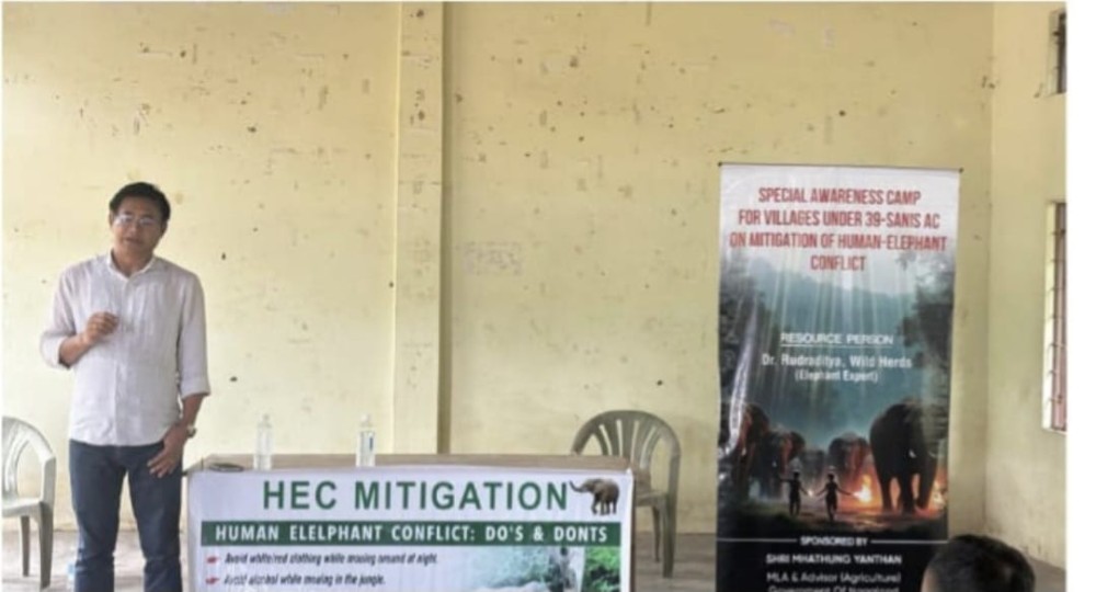 Advisor Mhathung Yanthan speaking during HEC awareness and mitigation programme covering 14 villages from August 2 to 10, 2025. (DIPR Photo)