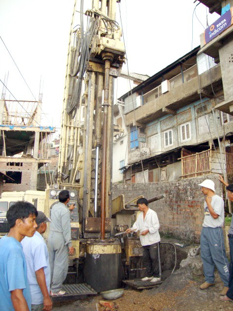 Crew members of the Ground Water Cell, directorate of Geology and Mining, Nagaland, observing water being pumped from the 80 metres Deep Tube Well drilled at Arkong Ward, Mokokchung, on May 30. (Morung Photo)
