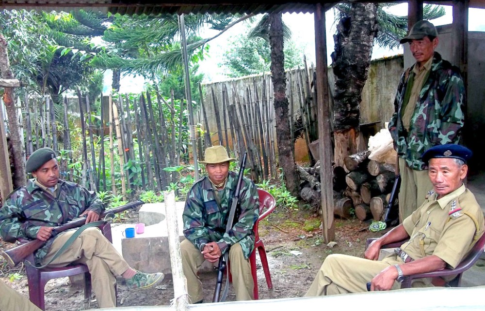 Village Guard (VG) personnel on house guard duty during a recent visit of a VIP to Pungro town in Kiphire district.
