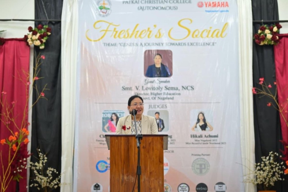 Director, Higher Education Nagaland, V Lovitoli Sema addresses the 2025 Patkai Christian College (Autonomous) Freshers’ Social at the Bundrock Auditorium on August 23.