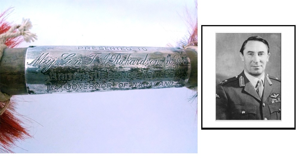 (LEFT) Engraving on the Naga Spear that was on sale on eBay. It was reportedly presented to the British Defence Adviser Maj. Gen. TA Richardson for his “assistance with” the Shillong Accord of 1975 by then Governor of Nagaland, LP Singh. (RIGHT) Major General Thomas Anthony Richardson MBE.