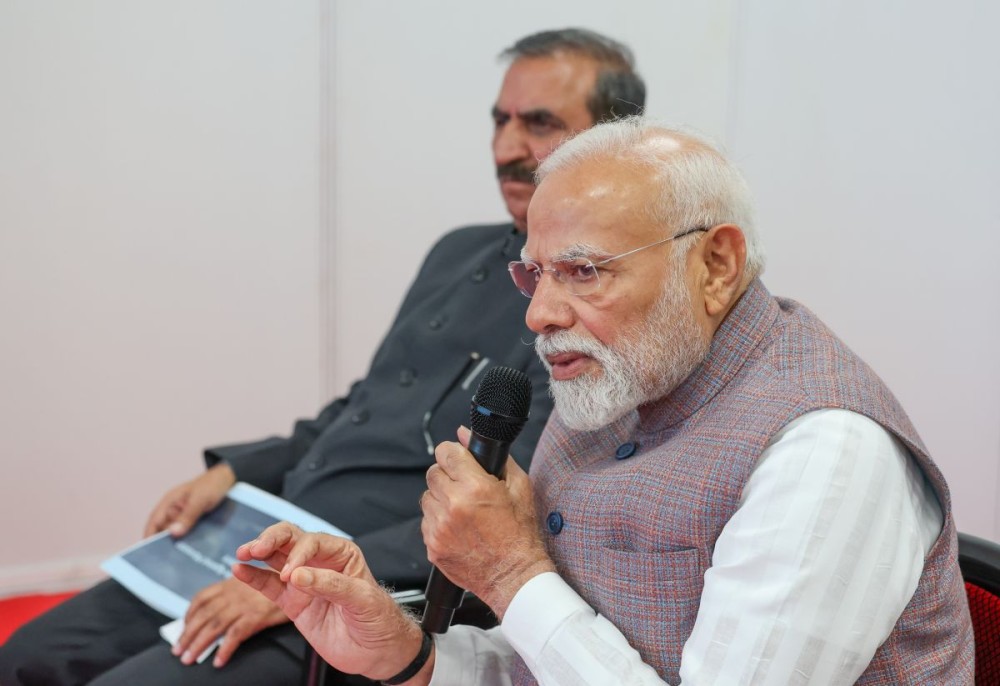 Kangra: Prime Minister Narendra Modi conducts a review meeting on the disaster situation, in Kangra on Tuesday, September 9, 2025. Himachal Pradesh Governor Shiv Pratap Shukla, Chief Minister Sukhvinder Singh Sukhu and others are present. (Photo: IANS/PMO)