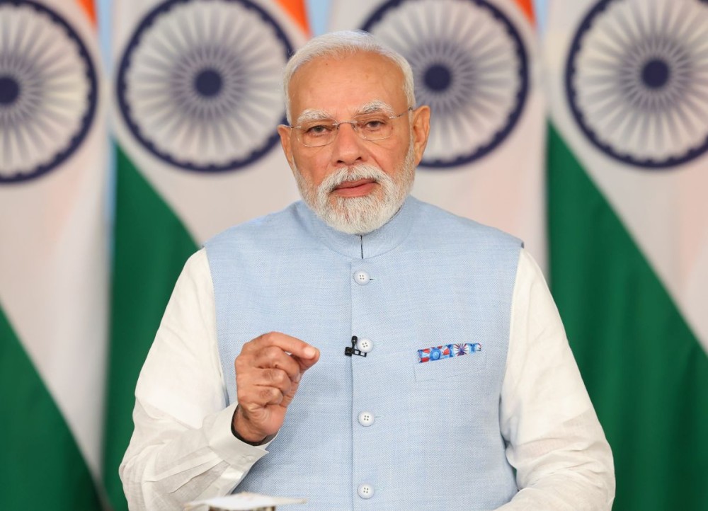 New Delhi: Prime Minister Narendra Modi addresses the nation virtually, in New Delhi on Sunday, September 21, 2025. (Photo: IANS/PMO)