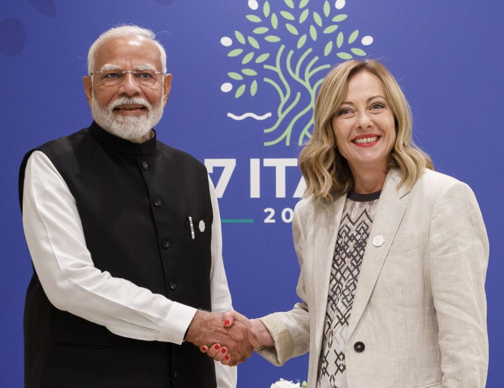 India's prime minister Narendra Modi, and Italy's Prime Minister Giorgia Meloni hold a bilateral meeting on the sideline of the Group of Seven (G7) leaders' summit meeting at Borgo Egnazia in Fasano, Puglia, Italy on June 14, 2024. (IANS/g7italia2024)