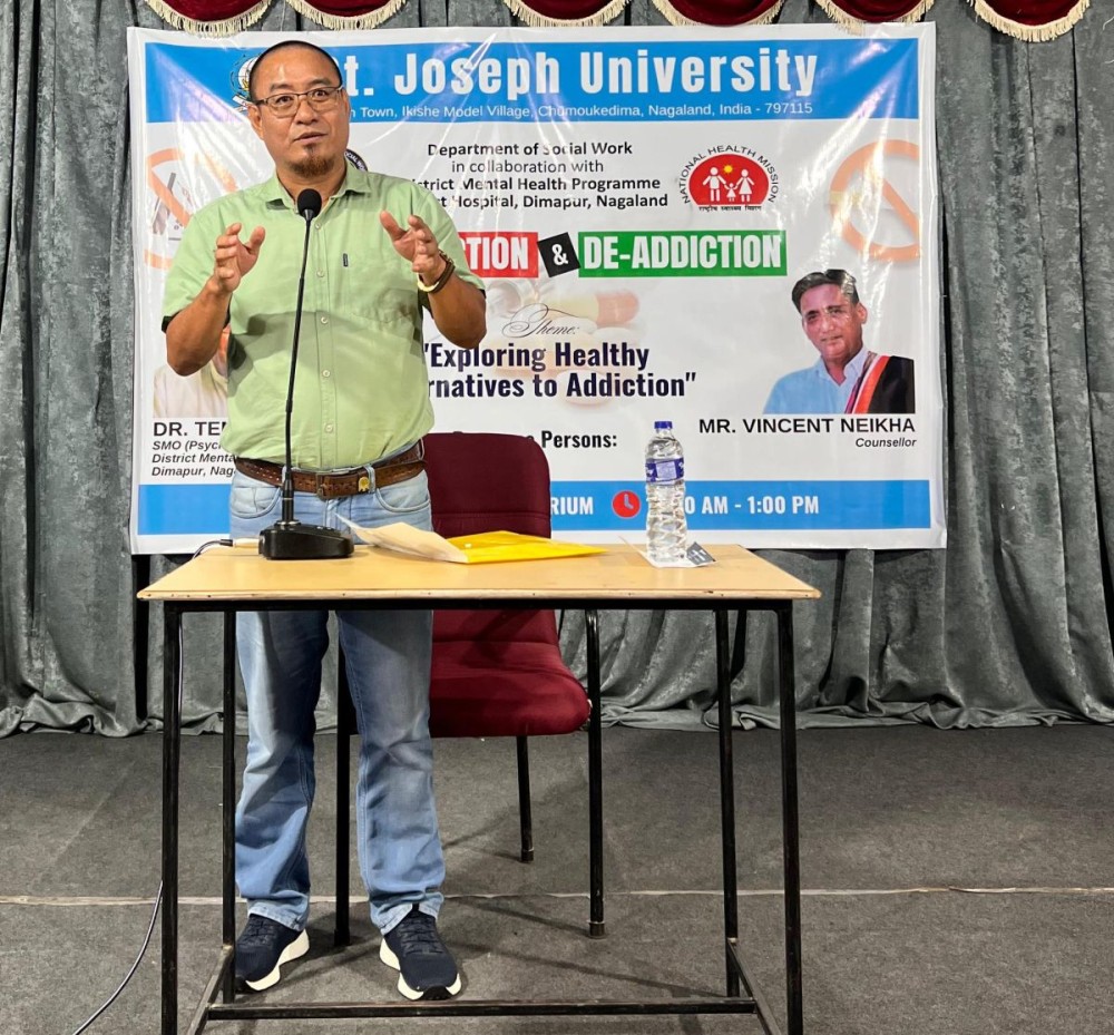 Dr Temsuyanger, SMO (Psychiatrist), District Mental Health Programme, Dimapur speaking at the workshop on exploring healthy alternatives to addiction at SJU.