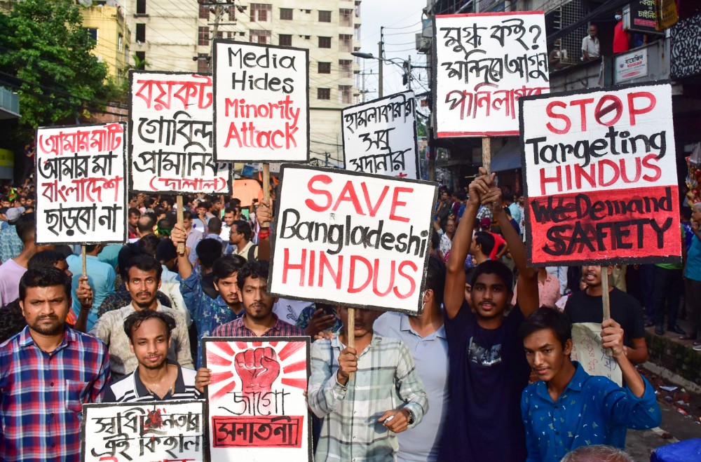 Hundreds of Bangladeshi Hindus have been demonstrating , in protest against the violence against the Hindu minority community in Chittagong on Saturday, August 10, 2024.(IANS File Photo)