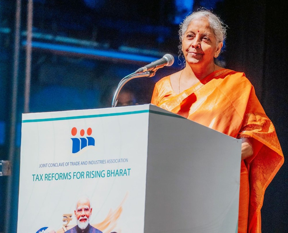 Chennai: Union Finance Minister Nirmala Sitharaman addresses Nainar Nagenthran during an interactive session on ‘Tax Reforms for Rising Bharat’ at the Music Academy in Royapettah, Chennai, on Sunday, September 14, 2025. (Photo: IANS)
