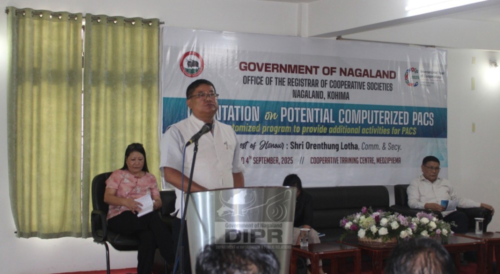 Commissioner & Secretary, IPR and Co-operation, Orenthung Lotha, addressing during a two day orientation on Potential Computerized PACS held at Cooperative Training Centre, Medziphema. (DIPR Photo)