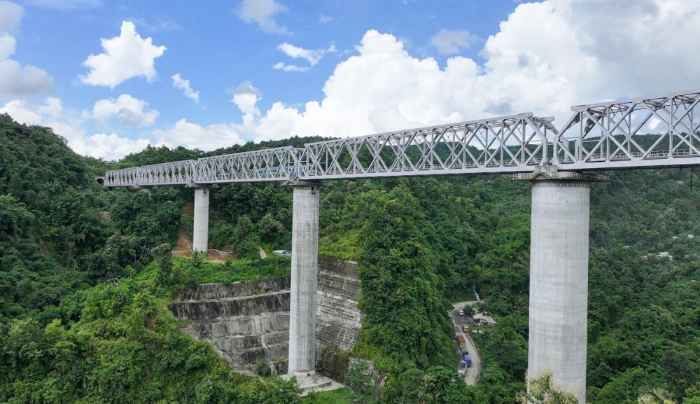 Aizawl: An aerial view of the newly inaugurated Bairabi–Sairang Railway Line in Mizoram, flagged off by Prime Minister Narendra Modi along with the opening of Sairang Station in Aizawl on Saturday, September 13, 2025. (Photo: IANS/X/@Lal_Duhoma)