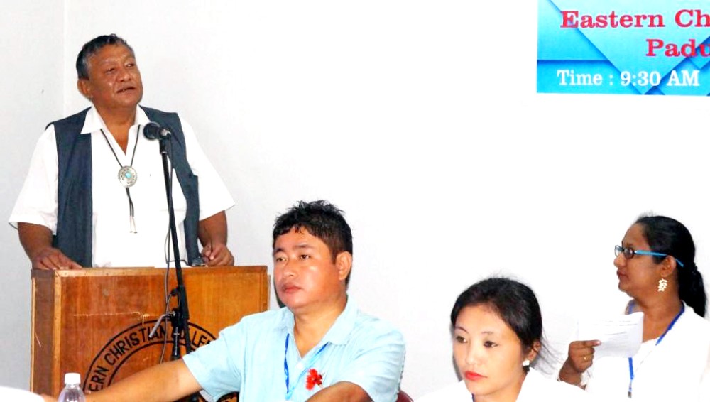 Naga writer and chronicler, Kaka D Iralu, addressing the seminar on ‘Nagas in transition: from myth to modernity’ on Friday at the Eastern Christian College, Dimapur. (Morung Photo)