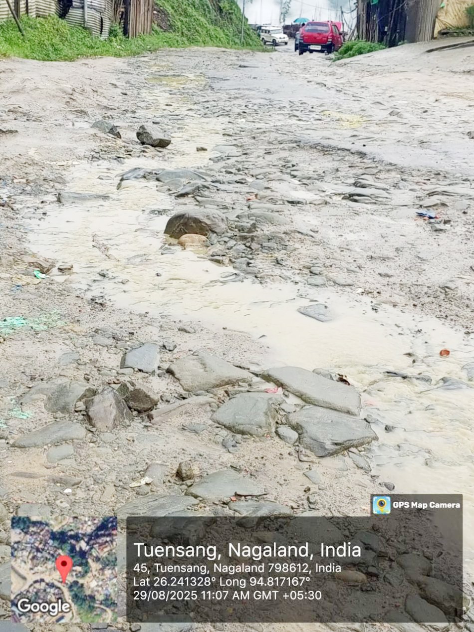 Dilapidated stretch of the Tuensang-Tobu road in Tuensang town that residents say has been neglected by the Border Roads Organisation since 2018.