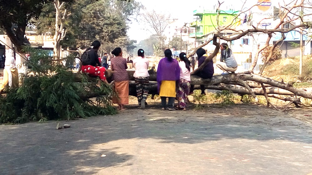 A group of women casually sit on a fallen tree kept to block the NH-29 to restrict vehicular movements at 6th Mile, Dimapur. (Photo by Moa Jamir)