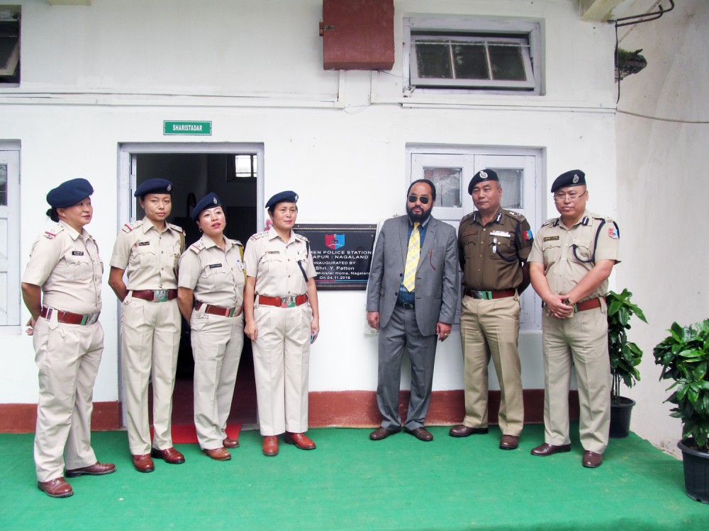 Home Minister Y. Patton, DGP LL Doungel and Commissioner of Police Liremo Lotha along with the OC of the Women Police Station, Dimapur, Tingbem Thomsong (4th from Left) and subordinates at the inauguration on November 4.