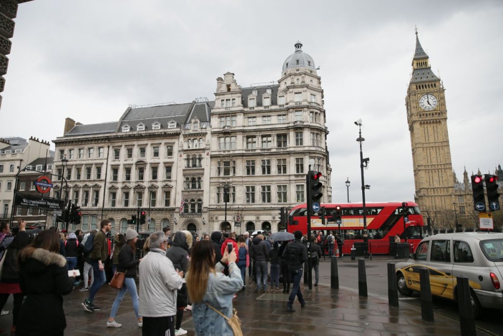 The scene on Whitehall after a police arrested man on suspicion of terrorism offences, who was carrying knives, in London, Britain on April 27, 2017. Police said on Thursday that a man had been arrested after an incident occurred in Whitehall, near the British Parliament as no injury was reported. (Xinhua/Tim Ireland/IANS)
