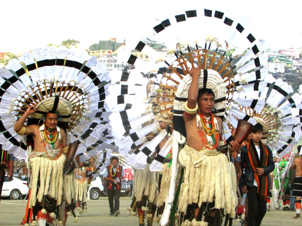 Men from the Angami community at the stone-pulling ceremony at Kohima on Saturday. (Morung Photo)