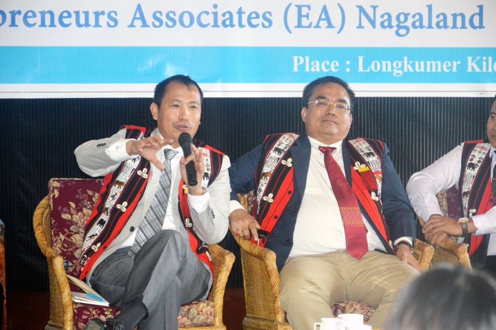 (left) Neichute Doulo, CEO Entrepreneurs Associates Nagaland and (right) Assistant General Manager of NEDFi Head Office, Guwahati speaking at the Mokokchung Business Meet. (Morung Photo)