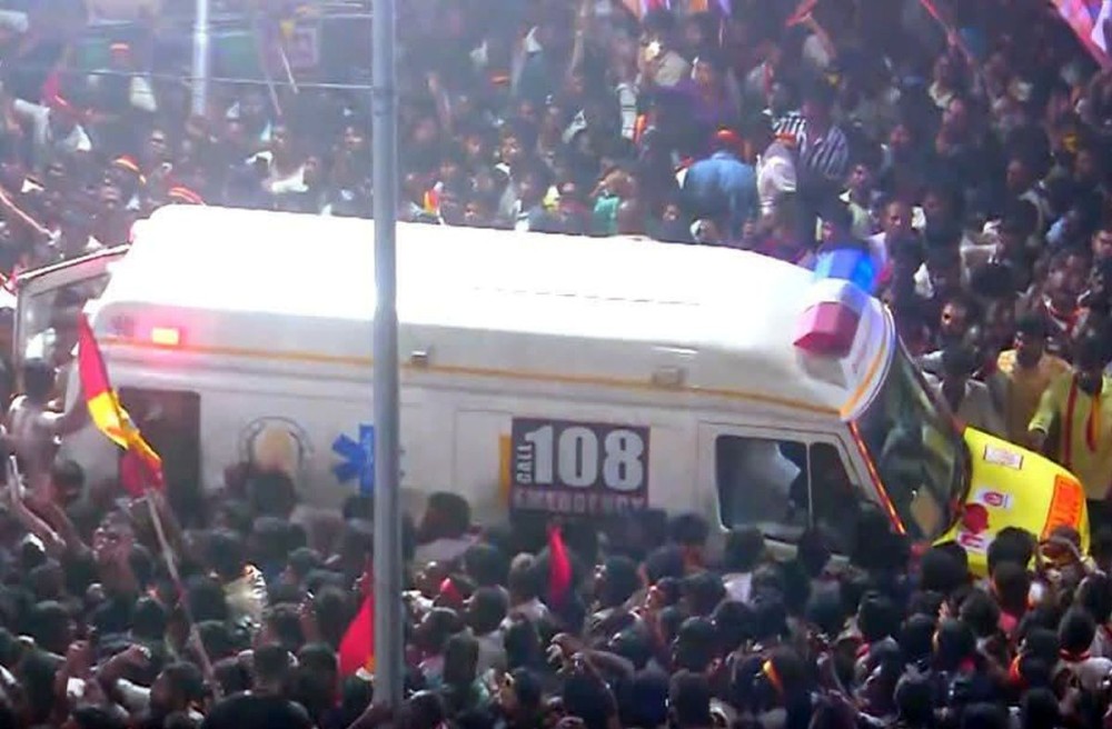 Karur: An ambulance stationed at the site after a stampede during actor Vijay’s rally, in Karur, Tamil Nadu on Saturday, September 27, 2025. (Photo: IANS)