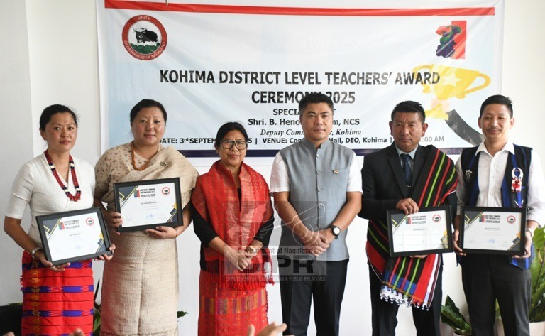 The four recipients of Kohima District Level Teachers Award with Deputy Commissioner Kohima B Henok Buchem, and DEO Kohima Emilo Patton at the DEO Office Kohima on September 3. (DIPR Report)