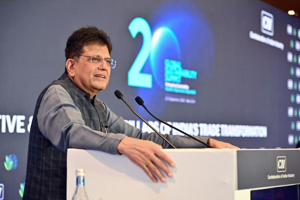 New Delhi: Union Minister Piyush Goyal addresses the 20th Global Sustainability Summit organised by the Confederation of Indian Industry (CII) in New Delhi, Tuesday, September 02, 2025. (Photo: IANS/X/@PiyushGoyalOffc)