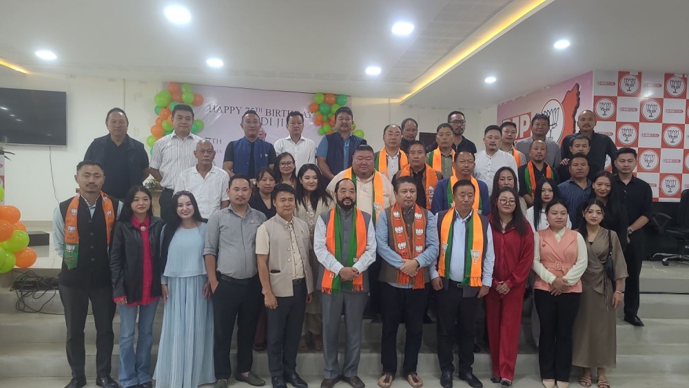 Y Patton and BJP legislators with others during the 75th birthday celebration of Narendra Modi in Kohima on September 17. (Morung Photo)