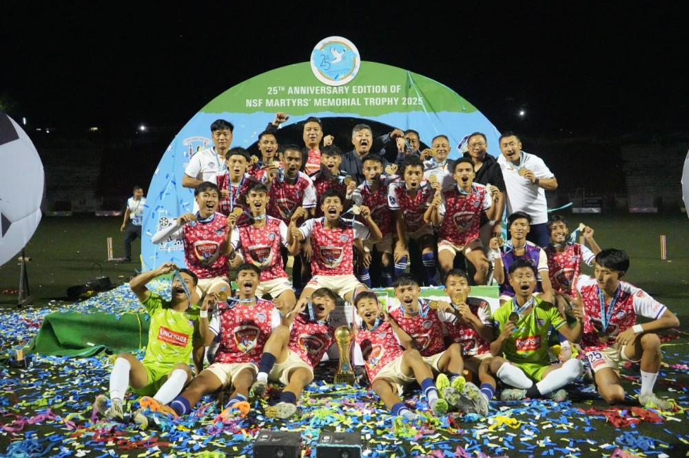 Nagaland United Sports Club celebrates after winning the 25th Anniversary Edition of the NSF Martyrs’ Memorial Trophy 2025 on October 18.