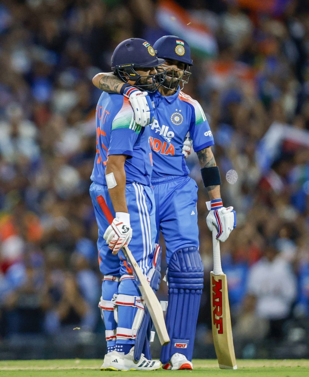 Sydney: India's Virat Kohli congratulates Rohit Sharma for scoring a century during the third ODI cricket match between India and Australia at the Sydney Cricket Ground, in Sydney, on Saturday, October 25, 2025. (Photo: IANS)