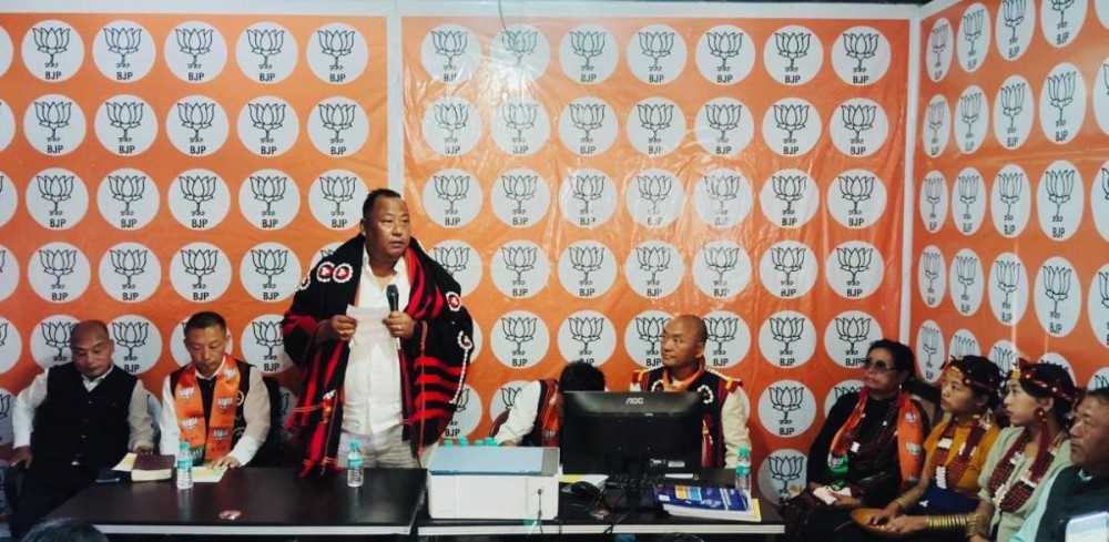 Benjamin Yepthomi addressing the inaugural programme of the 34 Aghunato Assembly Constituency BJP office at Aghunato on October 6.