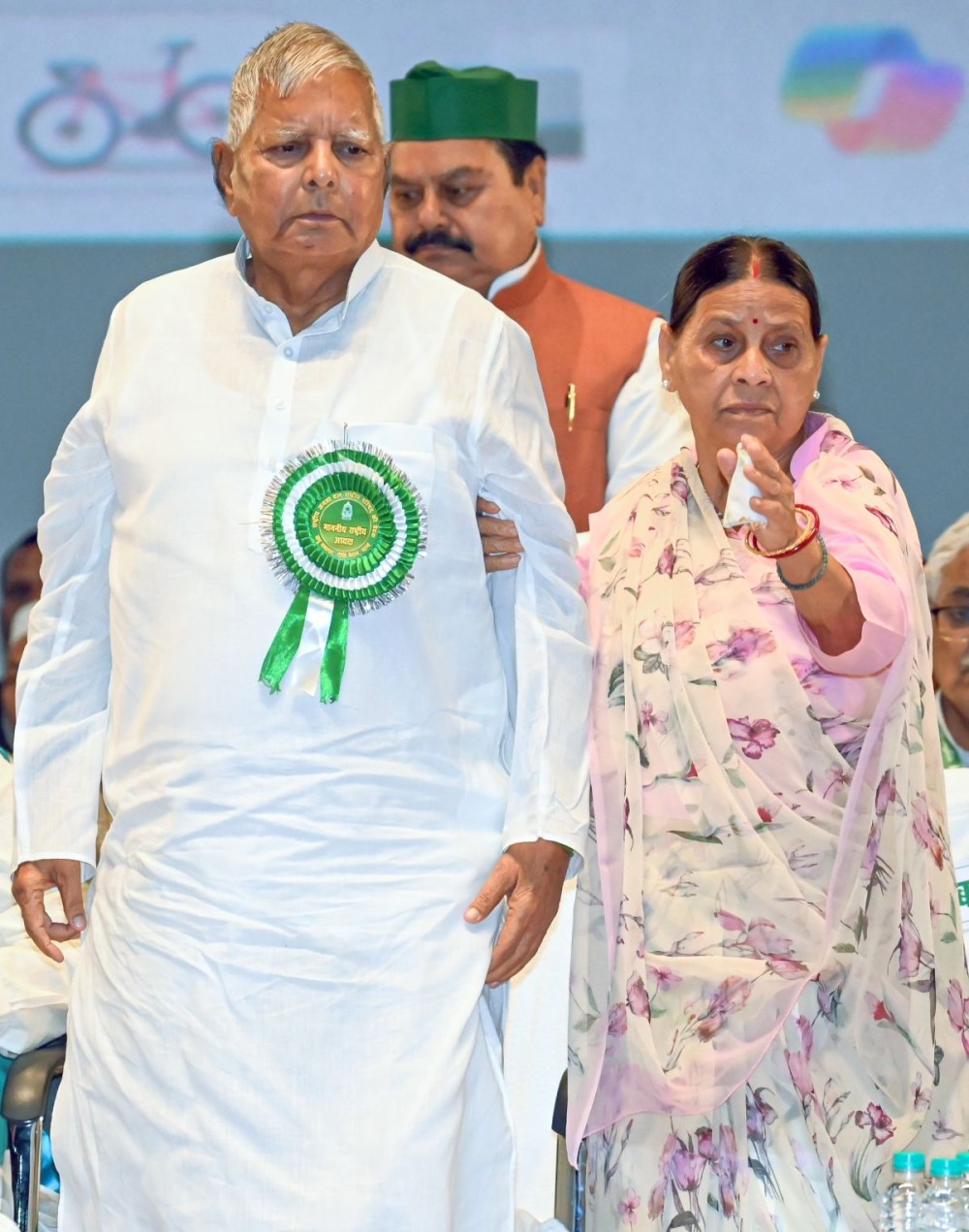Patna: Rashtriya Janata Dal (RJD) supremo Lalu Prasad Yadav, and party MLA Rabri Devi during the RJD National Council meeting at Bapu Sabhagar, in Patna, Saturday, July 05, 2025. Rashtriya Janata Dal supremo Lalu Prasad Yadav declared as the party's National President. (Photo: IANS)