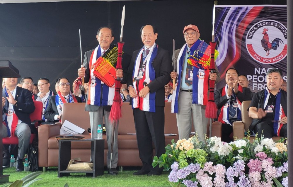 Dr Neiphiu Rio with Chingwang Konyak and Apong Pongner during NPF General Convention in Kohima on October 21. (Morung Photo)