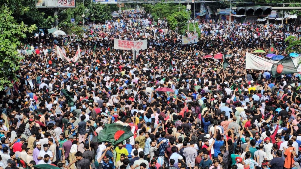 Dhaka : People shout slogans as they take part in a protest against Prime Minister Sheikh Hasina and her government demanding justice for the victims killed in the recent countrywide deadly clashes, in Dhaka on Monday, August 05, 2024. (Photo: IANS/@trahmanbnp)