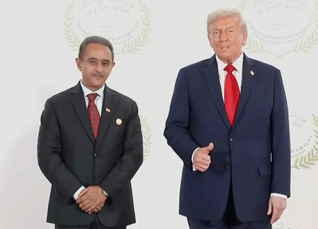 Sharm el-Sheikh (Egypt): Minister of State for External Affairs of India Kirti Vardhan Singh meets U.S. President Donald Trump on the sidelines of the Gaza Peace Summit at Sharm el-Sheikh, Egypt, on Monday, October 13, 2025. (Photo: IANS/X/@MEAIndia)