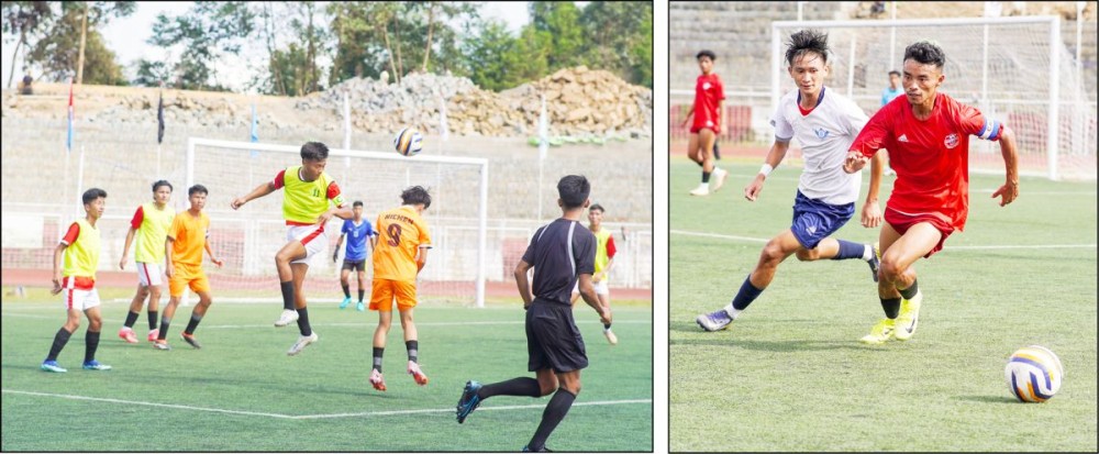 (Left) Action from the match between Shamatorian FC and PDFA Junior FC on October 27. (Right)  A moment from the match between Damokles FC and Phek Town FC on October 27.