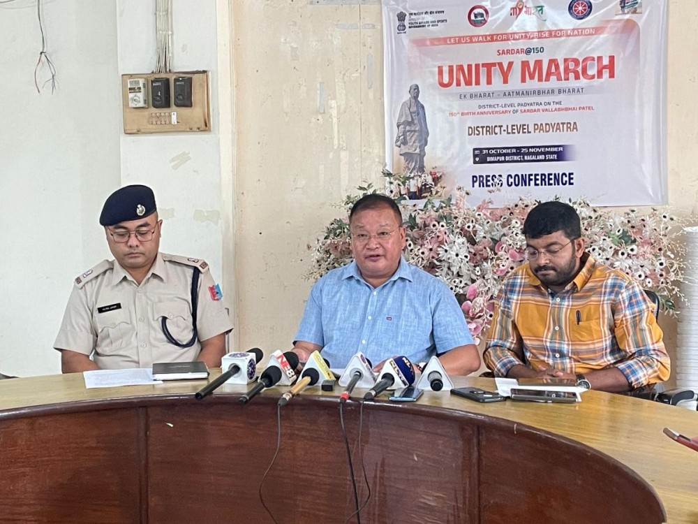 Deputy Commissioner, Dr Tinojongshi Chang (Centre), flanked by K Manikanta (Right), District Youth Officer, Dimapur, MYBharat; and ADCP Dimapur Kilemtoshi Jamir (Left) at the press call on October 30 announcing the Unity Walk (Padayatra) scheduled in Dimapur on October 31. (Morung Photo)