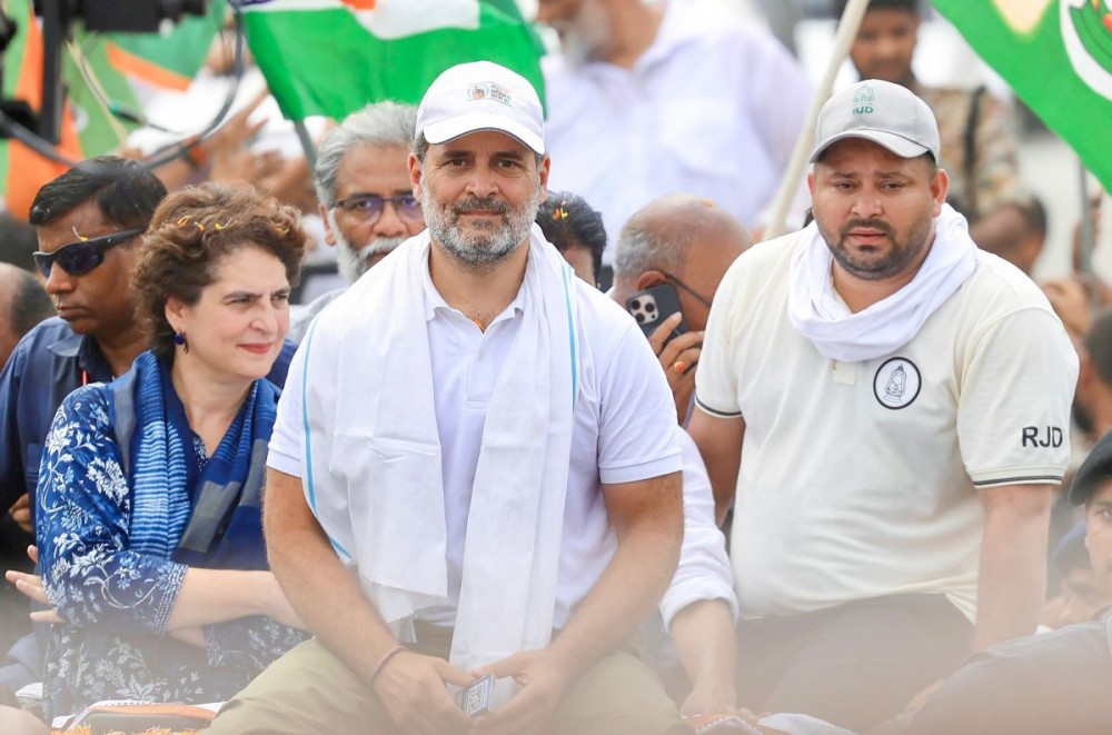 Supaul: Lok Sabha LoP and Congress MP Rahul Gandhi, along with RJD leader Tejashwi Yadav and Communist Party of India (Marxist–Leninist) Liberation General Secretary Dipankar Bhattacharya, and Congress MP Priyanka Gandhi Vadra during the ‘Voter Adhikar Yatra’ in Supaul, Bihar, on Tuesday, August 26, 2025. (Photo: IANS)