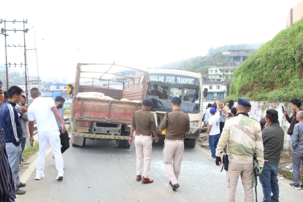 A Picture of the NST bus and the truck after the accident. (Morung Photo)