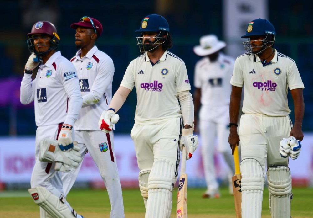 New Delhi: India’s Sai Sudharsan and KL Rahul walk back to the pavilion at stumps on Day 4 of the second and final Test cricket match between India and West Indies at the Arun Jaitley Stadium, in New Delhi on Monday, October 13, 2025. (Photo: IANS/Qamar Sibtain)