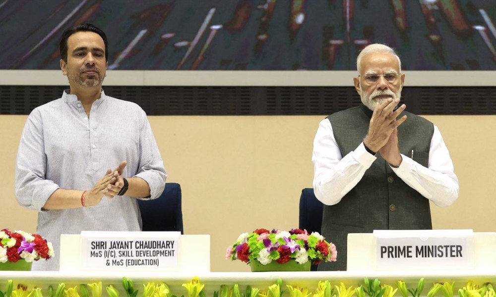 New Delhi: Prime Minister Narendra Modi and Union Minister of State (Independent Charge) for Skill Development and Entrepreneurship and Minister of State for Education Jayant Chaudhary during the launch of various youth-focused initiatives during the Kaushal Deekshant Samaroh in New Delhi on Saturday, October 04, 2025. (Photo: IANS/PMO)