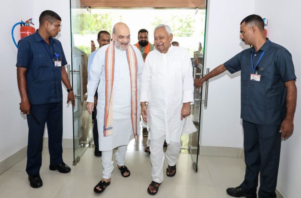 Patna: Bihar Chief Minister Nitish Kumar meets Union Home Minister Amit Shah at 1 Aney Marg, Patna, on Friday, October 17, 2025. (Photo: IANS/X/@NitishKumar)