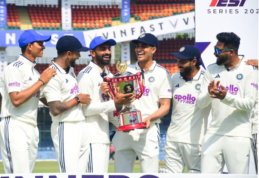 New Delhi: India's captain Shubman Gill and teammates celebrate with the trophy after winning the cricket Test series against West Indies at Arun Jaitley Stadium, in New Delhi on Tuesday, October 14, 2025. (Photo: IANS/Qamar Sibtain)