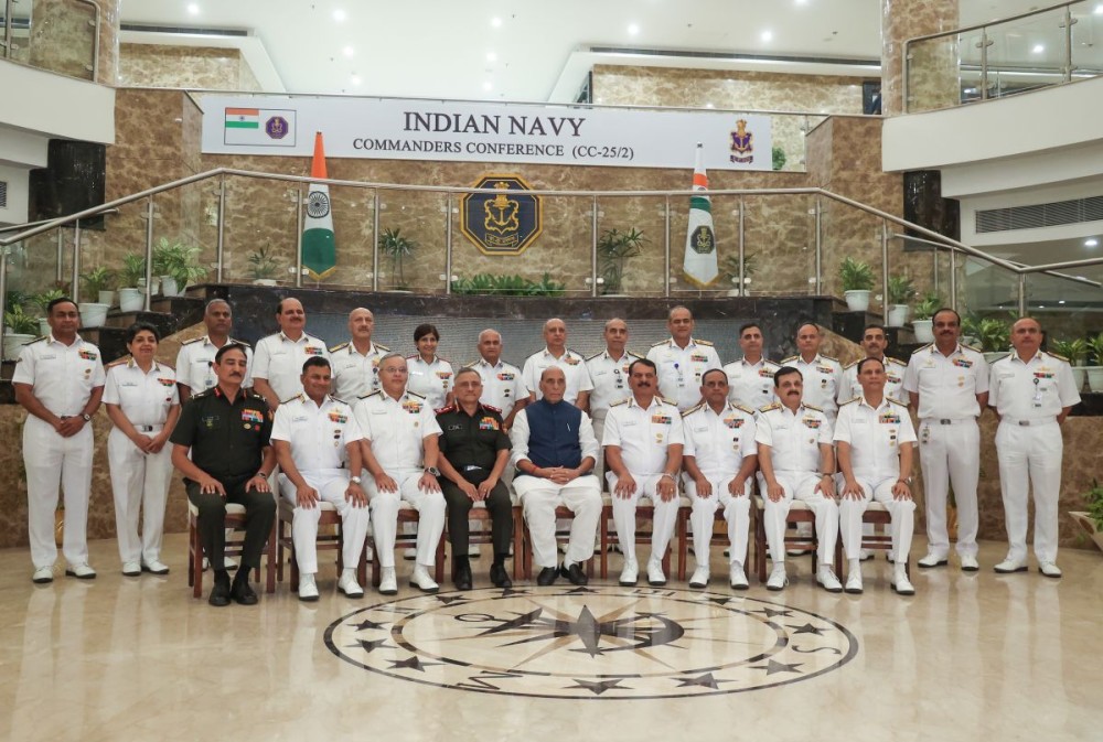 Union Minister for Defence Rajnath Singh, Chief of the Naval Staff Admiral Dinesh K. Tripathi, and Chief of Defence Staff (CDS) General Anil Chauhan at the Naval Commanders’ Conference in New Delhi on Thursday, October 23, 2025. (Photo: IANS/Prem Nath Pandey)